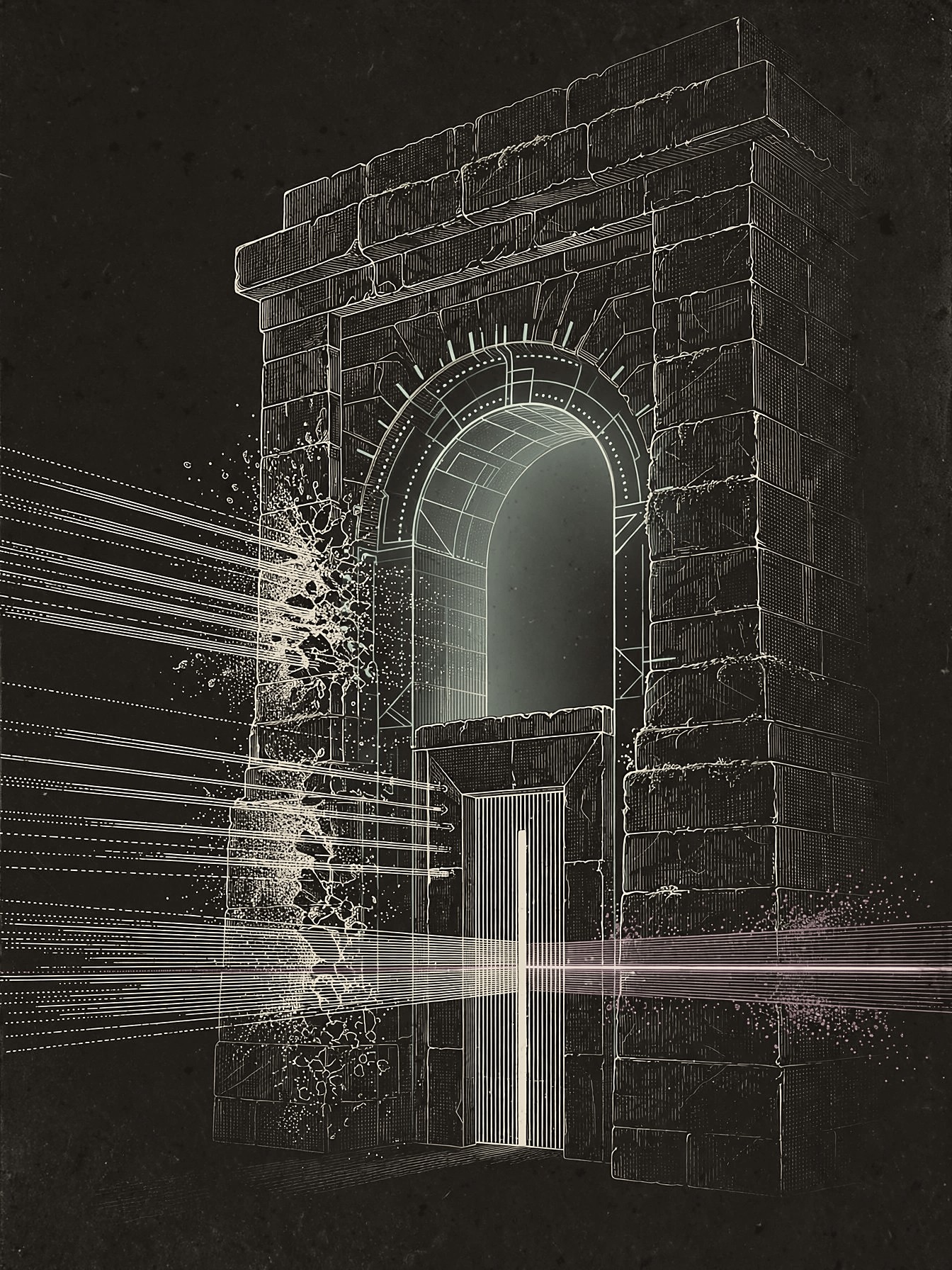 A dark stone gateway with a glowing teal arch; one beam of magenta light passes a narrow gate while others dissolve