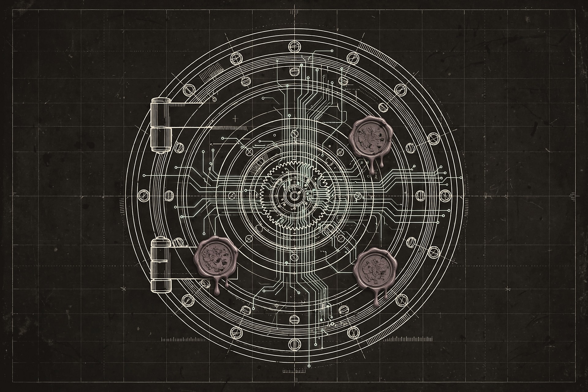 A vault door drawn as cream architectural blueprint linework, overlaid with teal circuit traces and magenta seal stamps